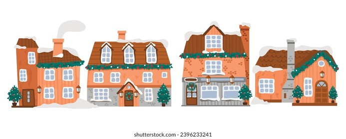 Cartoon collection winter houses decorated with garland,wreath and christmas trees.Cute buildings with snow-covered roofs, windows,lanterns and entrance doors.Vector hand drawn illustration on white.