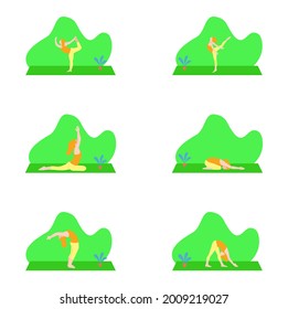 Cartoon collection of women doing yoga positions on a light background.Flat vector illustration.