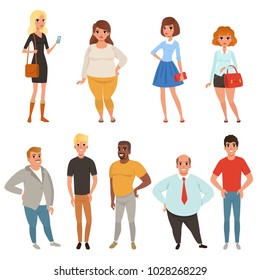 Cartoon collection of young and adult people in different poses. Men and women characters wearing casual clothes. Full-length portraits. Flat vector design