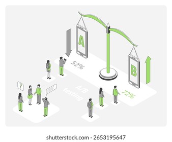 Prueba de AB de color de dibujos animados con Elementos de línea de vista isométrica 3D de concepto de marketing de crecimiento de escala de peso. Ilustración vectorial