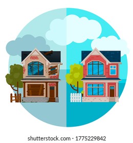 Cartoon Color Abandoned and Repaired Exterior House Building Concept Flat Design Style Symbol of Renovation. Vector illustration