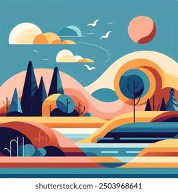 Cartoon Color Abstract Landscape Scene Concept Minimalist Flat Design Style