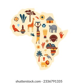 Cartoon Color African Ethnic Icon Set Concept Flat Design Style Include of Vase, Mask and Baobab. Vector illustration