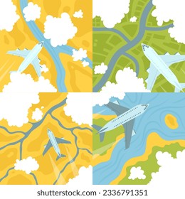 Cartoon Color Airplane Top View Landscape Scene Travel and Tourism Concept Flat Design Style. Vector illustration