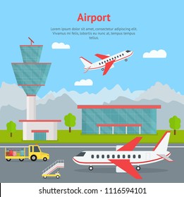 Cartoon Color Airport Terminal Building, Airplanes and Landscape Concept Card Flat Design. Vector illustration of Airfield