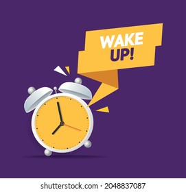 Cartoon Color Alarm Clock Wake Up Concept Banner Placard Flat Design Style on a Purple Background. Vector illustration