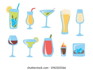 Color de dibujos animados Bebidas alcohólicas Cócteles Conjunto de iconos Estilo de diseño plano incluye de Margarita, Mojito, Cerveza y Vino. Ilustración del vector