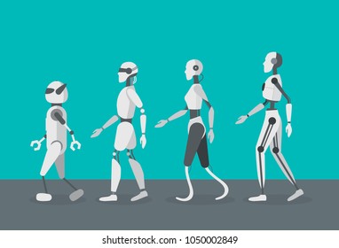 Cartoon Color Android Robots Set Cyborg Technology and Futuristic Intelligence Machine Concept Flat Design Style . Vector illustration of Robot