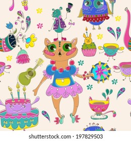 Cartoon color animal party with flowers and cake, seamless pattern, VECTOR