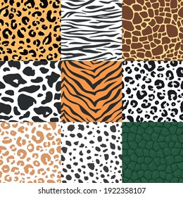 Cartoon Color Animal Skin Seamless Pattern Background Set Element Flat Design Style Include Leopard  Giraffe   Tiger  Vector illustration