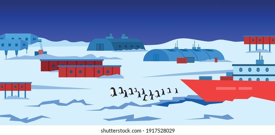 Cartoon Color Antarctic Polar Station and Landscape Scene Concept Flat Design Style. Vector illustration of Base