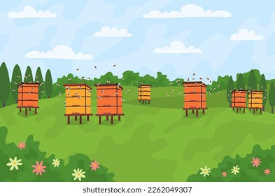 Apiario de color de caricatura con colmenillas de abeja y abejas voladoras de paisaje Concepto de diseño plano. Ilustración del vector