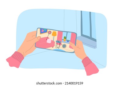Cartoon Color Ar Application Furniture Smartphone Concept Flat Design Style. Vector illustration of Human Hand Holding Mobile Phone with App
