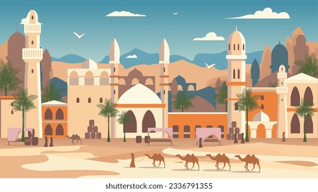 Caricatura en color Desierto Árabe Mercado saudita con el tradicional paisaje de la construcción islámica concepto de diseño plano. Ilustración del vector