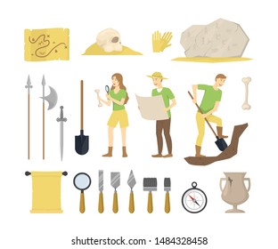 Cartoon Color Archeology Sign Icon Set Include of Shovel, Man, Bone, Brush, Stone and Woman. Vector illustration of Icons