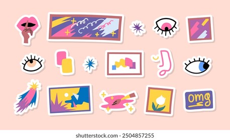 Cartoon Color Art Gallery Museum Exhibition Stickers Set Concept Flat Design Style Include of Paint and Picture. Vector illustration