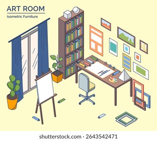 Cartoon Color Art Room Furniture Setting Concept 3d Isometric View Line Elements. Vector illustration of Creative Workshop with Paints, Brushes and Easel