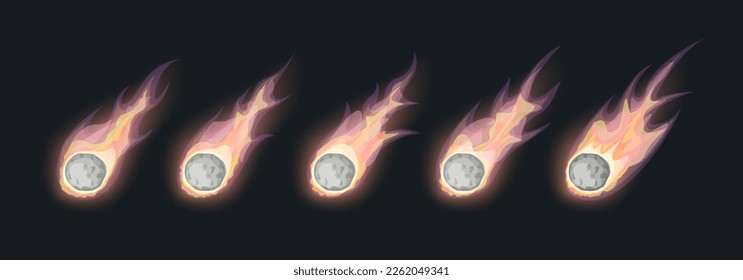 Cartoon Color Asteroid or Comet with Textured Surface Animation Set Cosmos Object Concept Flat Design Style. Vector illustration