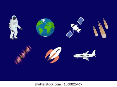 Cartoon Color Astronomy Sign Icon Set Include of Planet, Rocket, Comet and Astronaut. Vector illustration of Icons