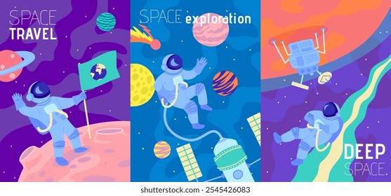 Cartoon Color Astronomy and Space Exploration Poster Card Set with Astronauts Cosmic Adventure Concept Flat Design Style. Vector illustration