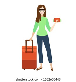Cartoon Color Attractive Character Girl with Suitcase, Passport and Ticket Travel Concept. Vector illustration of Woman Tourism
