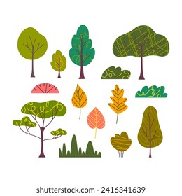 Cartoon Color Autumn Trees and Bushes Set Season Concept Flat Design Style. Vector illustration of Seasonal Foliage