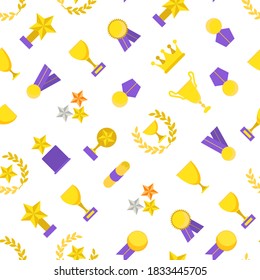 Cartoon Color Award Signs Concept Seamless Pattern Background on a White Include of Trophy, Star, Medal, Cup or Badge. Vector illustration