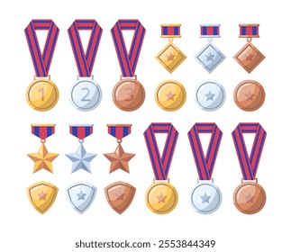 Cartoon Color Awards Medal with Ribbon, Shield, Rhomb and Star Set. Vector illustration of Gold, Silver and Bronze Type