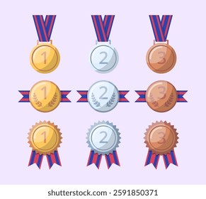 Cartoon Color Awards Medals, Labels and Reward Badges with Ribbon and Engraved Numbers Set. Vector illustration of Gold, Silver and Bronze Type