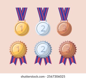 Cartoon Color Awards Medals and Reward Badges with Ribbon and Engraved Numbers Set. Vector illustration of Gold, Silver and Bronze Type