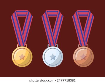 Cartoon Color Awards Medals with Ribbon Set Symbol of Win Competition. Vector illustration of Gold, Silver and Bronze Type