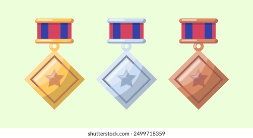 Cartoon Color Awards Rhomb with Star Set Symbol of Win Competition. Vector illustration of Gold, Silver and Bronze Type