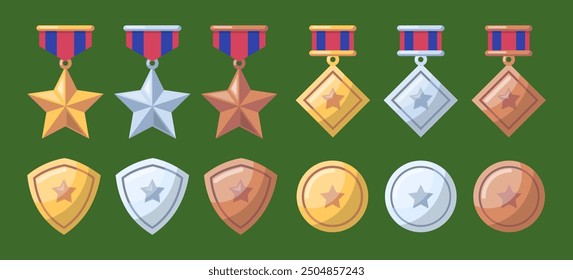 Cartoon Color Awards Shield, Rhomb and Star Set. Vector illustration of Gold, Silver and Bronze Type