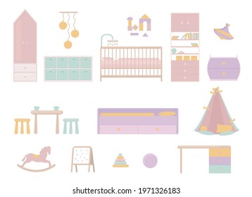 Cartoon Color Baby Bedroom Furniture Icons Set Flat Design Style Include of Toy, Toddler Bed, Lamp, Table and Chair. Vector illustration