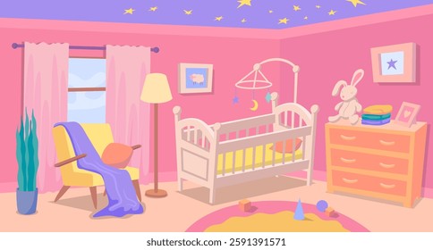 Cartoon Color Baby Cot Room Interior Inside Scene Concept Flat Design Style. Vector illustration of Nursery Bedroom