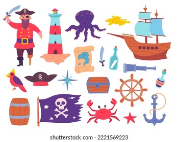 Cartoon Color Baby Pirate Icons Set Concept Flat Design Style Include of Ship, Bottle and Map. Vector illustration