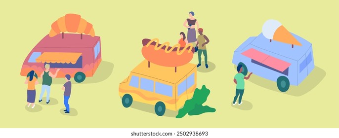 Cartoon Color Bakery, Hot Dog and Ice Cream Street Food Caravan Trailer Concept Flat Design Style. Vector illustration