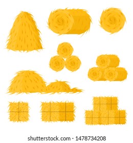 Cartoon Color Bale of Hay Icon Set Include of Straw, Haystack and Hayloft. Vector illustration of Icons