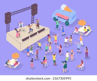 Cartoon Color Band on Stage and Crowd Dancing Street Food Caravan Trailer Around 3d Isometric View Music Festival Concept. Vector illustration