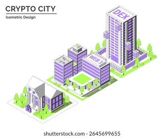 Cartoon Color Bank , Startup Coworking and DEX Building Crypto City Concept 3d Isometric View Line Elements. Vector illustration