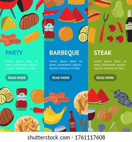 Cartoon Color Barbeque Picnic Concept Banner Vecrtical Set Include of Grill, Sausage, Meat, Vegetable, Fork and Sauce. Vector illustration of Bbq