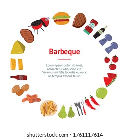 Cartoon Color Barbeque Picnic Concept Banner Card Circle Include of Grill, Sausage, Meat, Vegetable, Fork and Sauce. Vector illustration of Bbq