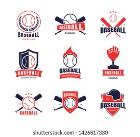 Cartoon Color Baseball Insignias Icon Set Include of Ball and Bats. Vector illustration of Emblem and Badge