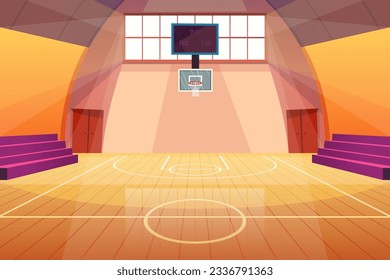 Color de caricatura Baloncesto Corte Interior Dentro de Escena Deporte Concepto de Diseño Plano . Ilustración vectorial del gimnasio escolar