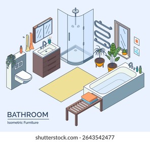 Cartoon Color Bathroom Room Furniture Setting Concept 3d Isometric View Line Elements. Vector illustration of Bathtub, Sink and Toilet