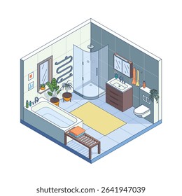 Cartoon Color Bathroom Room Interior Inside Concept 3d Isometric View Line Elements. Vector illustration of Bathtub, Sink and Toilet