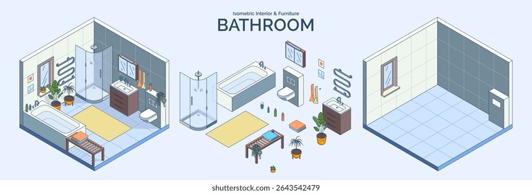 Cartoon Color Bathroom Room Interior and Furniture Concept 3d Isometric View Line Elements. Vector illustration of Bathtub, Sink and Toilet