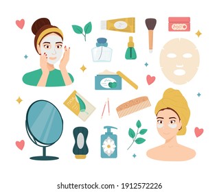 Cartoon Color Beauty Routine Icon Set Concept Flat Design Style Include of Cosmetic Products. Vector illustration