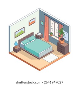 Cartoon Color Bedroom Room Interior Inside Concept 3d Isometric View Line Elements. Vector illustration of Bed and Bedside Tables