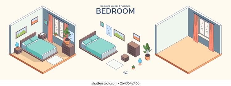 Cor Desenhos Animados Quarto Interior e Mobiliário Conceito 3d Isometric View Line Elements. Ilustração vetorial de Mesas de Cama e Leito